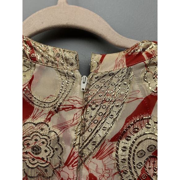 Vintage 70’s Pleated Midi Dress Union Tag JS Womens Size 16 Red Gold Foil Jackie - Picture 4 of 9